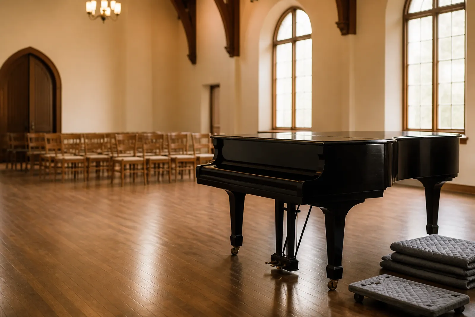 A black grand piano in a quiet hall with arched windows and rows of chairs