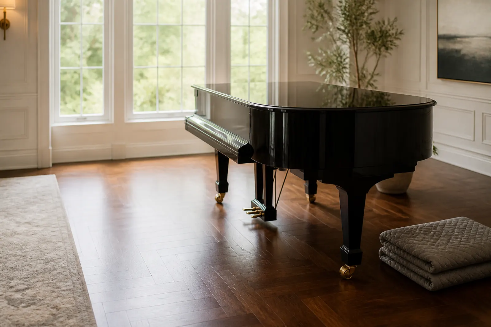 A black grand piano in a bright living room, with folded moving blankets on the floor