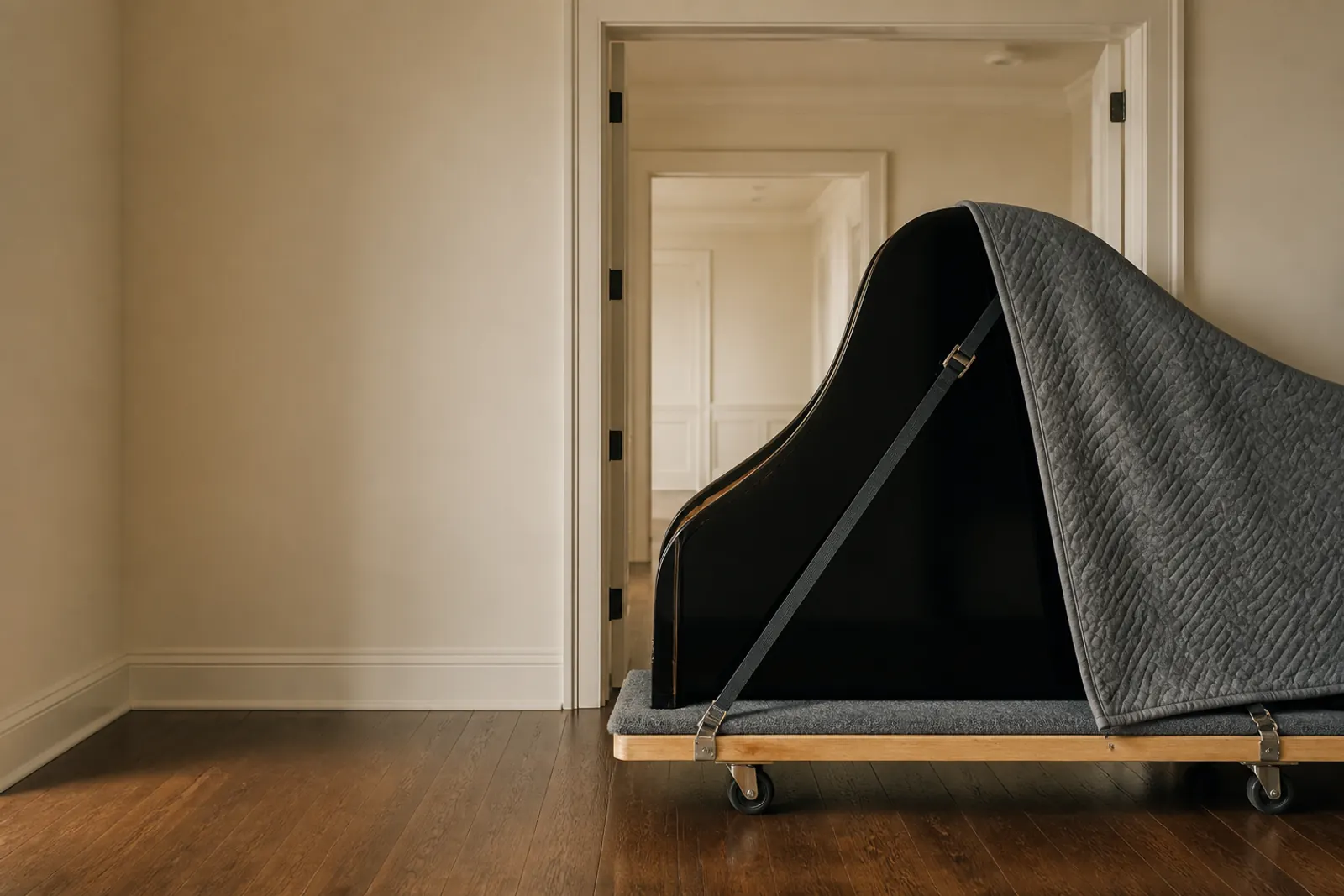 A grand piano on its side, strapped to a padded piano board beside a doorway